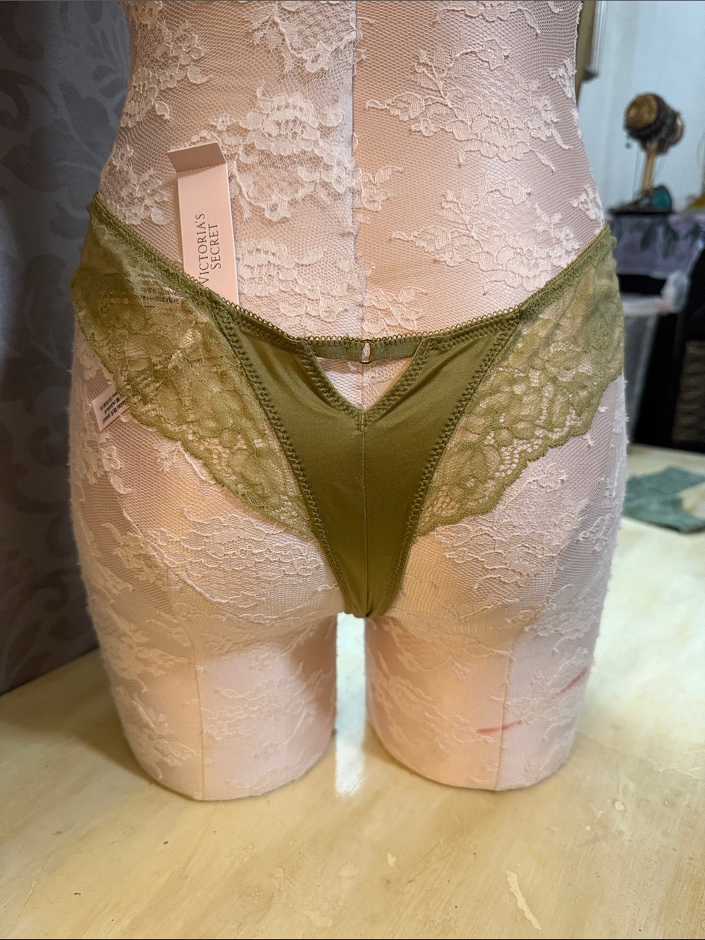 Victoria's Secret Olive Green Lace-Trim Thong